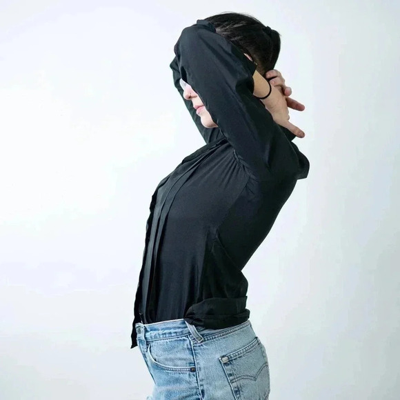 Vintage 90s Sheer Black Pleated Button Down Blouse - Picture 5 of 8